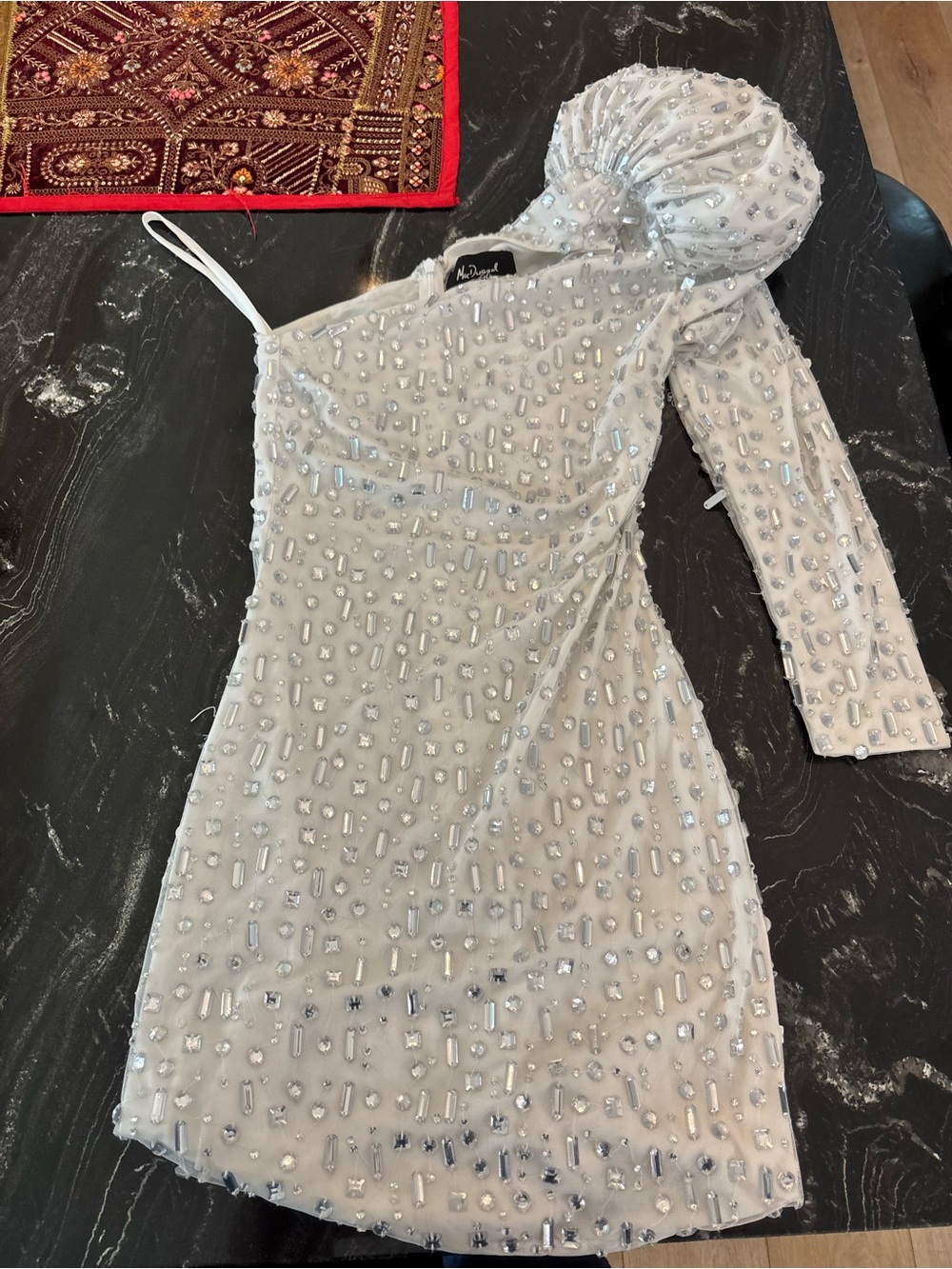 Mac Duggal White Beaded One-Shoulder Asymmetrical Mini Dress